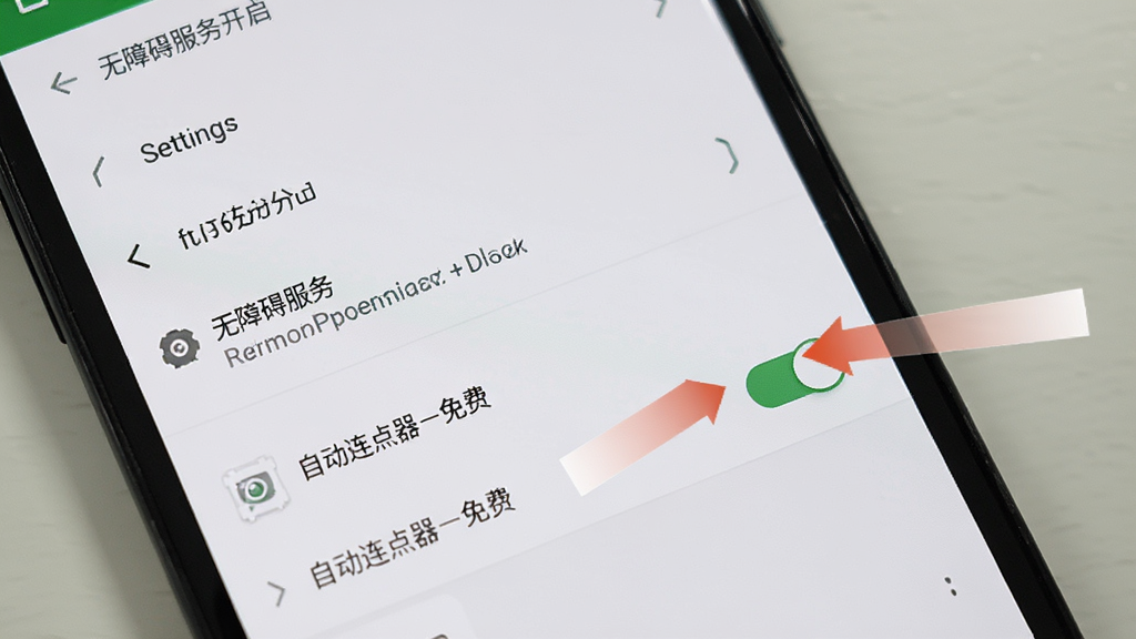 一部安卓手机屏幕显示无障碍服务开启界面,旁边有指示箭头指向