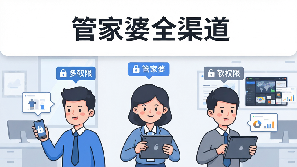 画面主体为“管家婆全渠道”多角色协作场景,画面中三位卡通人物分别手持手机与平板,头顶悬浮权限标签与数据看板;布局为三角站位、背景为简洁办公室;排版上人物居于中下部,上方留白放置软件名称;风格为轻商务卡通插画;细节包括蓝灰配色、权限锁图标、报表小卡片;画质高清、干净、无多余元素