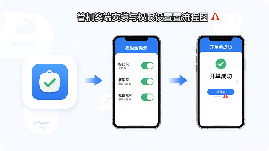 画面主体为“管家婆全渠道”手机端安装与权限设置流程图,画面从左到右依次为安装包图标、权限开关面板、开单成功界面;布局为横向三步流程;排版上每步配有简短文字标签;风格为清爽扁平信息图;细节包括蓝白配色、对勾与警示图标、手机轮廓;画质高清、干净、无多余元素