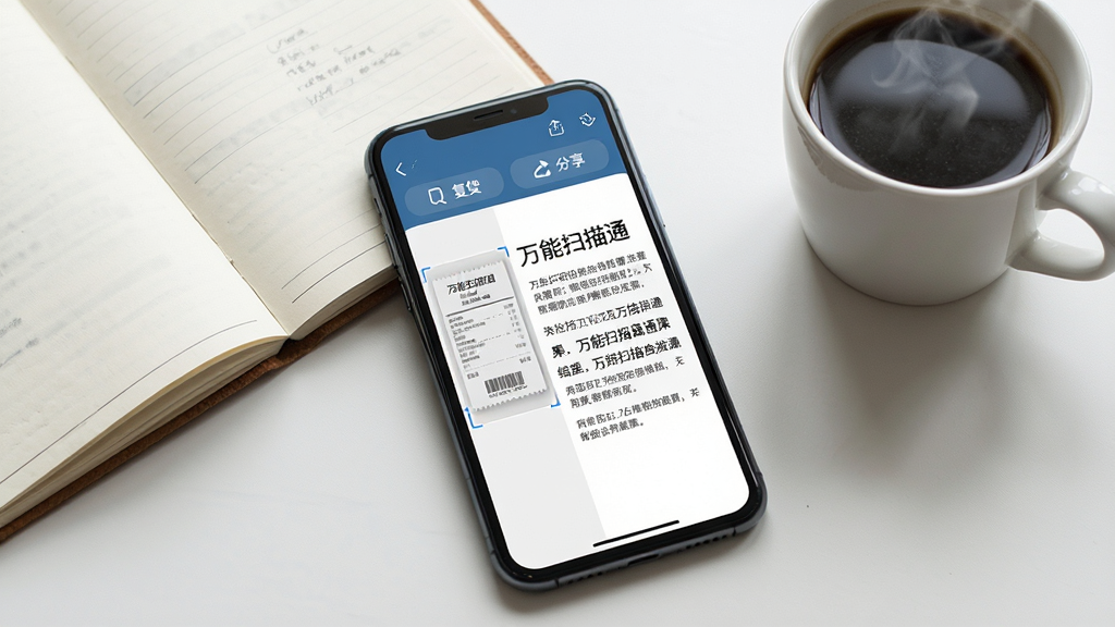 一部手机平放在书桌上,手机屏幕显示“万能扫描通”文字识别结果页面,左侧为原始票据图片缩略图,右侧为识别出的文字段落,屏幕上方有复制与分享按钮,手机旁边放着一本翻开的笔记本和一杯咖啡,整体布局为对角线构图,风格为清新生活摄影,细节包括屏幕文字清晰可辨、咖啡杯热气、笔记本纸张质感,画质高清,画面干净,无多余元素