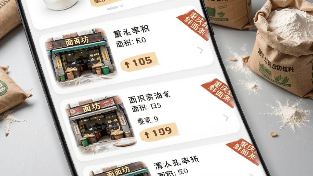 手机应用界面展示面坊买卖列表,每条信息包含面坊门头照片、面积价格标签与“重庆鲜面条”角标,页面采用卡片式布局,背景为浅灰工作台与面粉袋,风格简洁商务,细节丰富,画质清晰干净