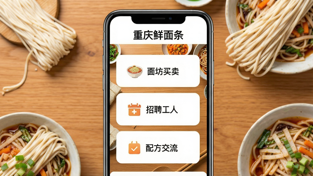 一张手机屏幕展示重庆鲜面条应用主界面,页面顶部为“重庆鲜面条”文字标识,中部为面坊买卖、招聘工人、配方交流三个功能入口卡片,背景为暖色调木质桌面与新鲜面条实物点缀,布局居中对称,风格写实清新,细节清晰,画质干净,无多余元素