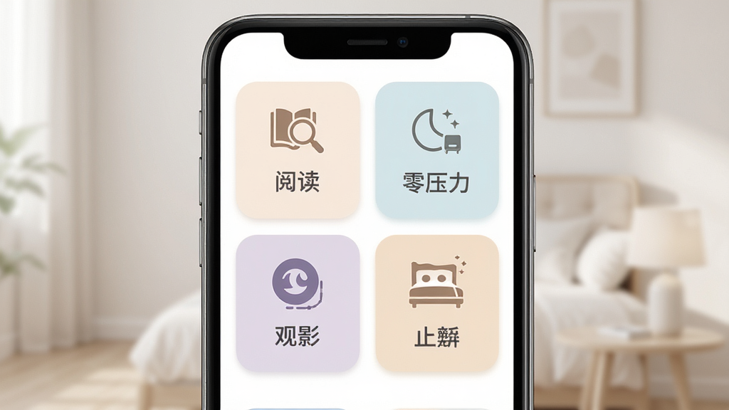 丝涟智能生活场景模式选择界面的效果图,主体为手机屏幕内排列四张模式卡片,布局为两行两列网格,排版每张卡片含图标与文字标签,风格为柔和圆角卡片设计,细节包含阅读、零压力、观影、止鼾四种图标与淡雅底色,画质清晰干净,无多余元素