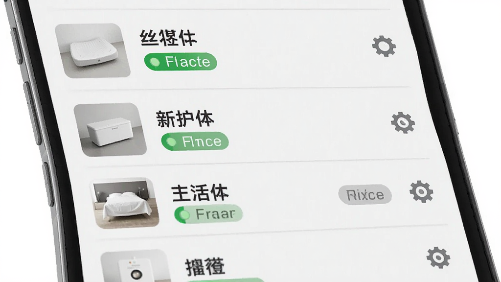 丝涟智能生活设备管理界面的示意图,主体为手机屏幕内显示设备列表与连接状态标识,布局为纵向列表排列,排版每行含设备缩略图、名称与状态标签,风格为简约商务浅灰质感,细节包含绿色在线圆点、灰色离线标签与设置齿轮图标,画质清晰干净,无多余元素