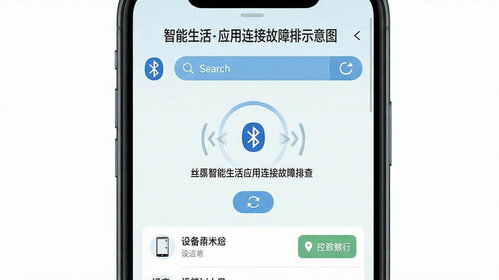 丝涟智能生活应用连接故障排查示意图,主体为手机屏幕显示蓝牙搜索界面与设备列表,布局中央为搜索动画与提示文字,排版上方为标题下方为设备条目,风格为清新浅色扁平化设计,细节包含蓝牙图标、刷新按钮与状态提示框,画质清晰干净,无多余元素