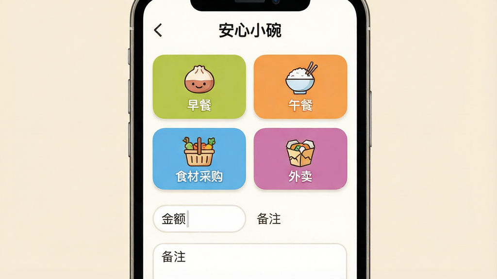 一张展示“安心小碗”应用内饮食分类记录界面的预览图,画面主体为手机屏幕特写,屏幕内排列早餐、午餐、晚餐、食材采购、外卖五个彩色分类按钮,下方有金额输入框与备注栏,布局为上下结构,风格为明快卡通扁平风,细节上按钮带小图标如包子、米饭、菜篮、外卖盒,画质清晰干净,背景为浅米色,无多余元素