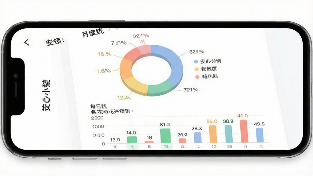一张展示“安心小碗”月度统计页面的预览图,画面中央为手机屏幕,屏幕内显示环形图与柱状图组合的统计界面,环形图分色块标注餐饮分类占比,柱状图展示每日花销起伏,布局为上下排列,风格为现代数据可视化扁平风,细节上图表配色柔和、数字标注清晰,画质干净锐利,背景为白色,无多余元素