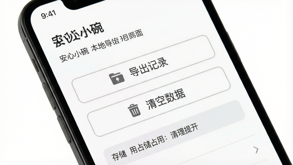 一张展示“安心小碗”本地数据管理界面的预览图,画面为手机屏幕特写,屏幕内显示数据导出与清理选项列表,包含“导出记录”“清空数据”按钮及存储占用提示条,布局为纵向列表,风格为素雅极简风,细节上按钮为浅灰描边、文字深灰、图标为文件夹与垃圾桶造型,画质干净清晰,背景为纯白,无多余元素