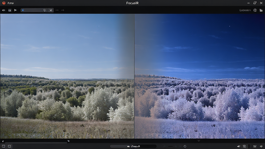 软件名称为FocusIR,画面主体为一张风景照片从普通色彩逐渐过渡为红外效果的分屏展示,布局为左右对比构图,排版左侧原图右侧红外效果图中间以渐变过渡衔接,风格为专业摄影后期界面风格,细节包括植被由绿色变为白色天空由浅蓝变为深蓝,画质高清干净无多余元素