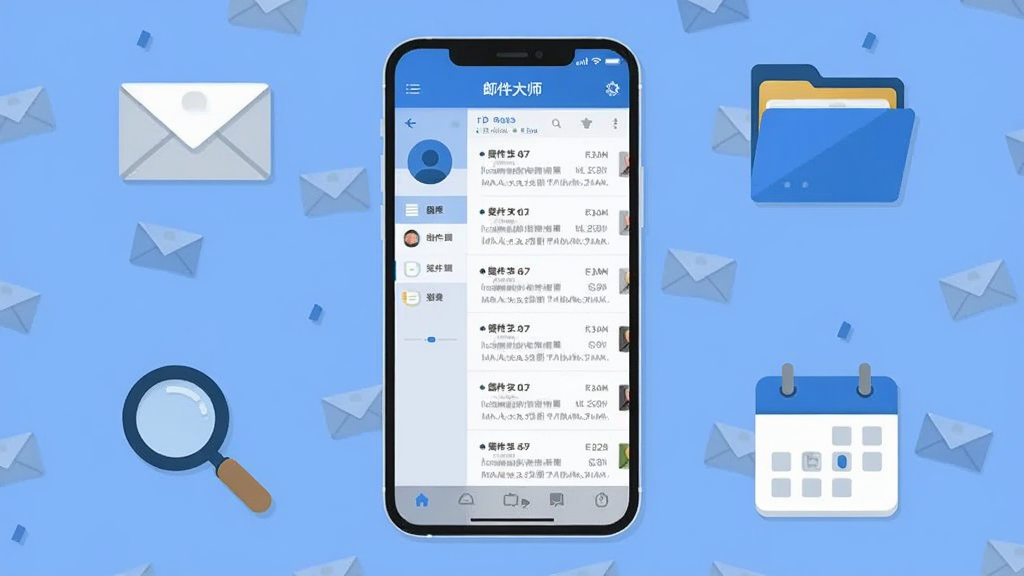 画面中央展示一部智能手机,手机屏幕内呈现邮件大师管理的收件箱列表界面,界面中有多封邮件条目和左侧账户切换栏,手机周围环绕着信封、分类文件夹、放大镜和日历图标,整体采用清爽的蓝白配色,扁平化插画风格,布局居中对称,细节干净利落,画质清晰,无多余元素