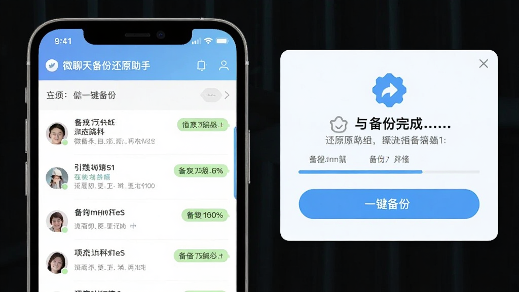 主体为微聊天备份还原助手软件主界面与一键备份按钮特写,布局为左侧手机界面右侧备份完成提示框,排版左右呼应,风格为清爽浅色系UI展示,细节包含聊天记录列表与备份进度百分比,画质高清干净无多余元素