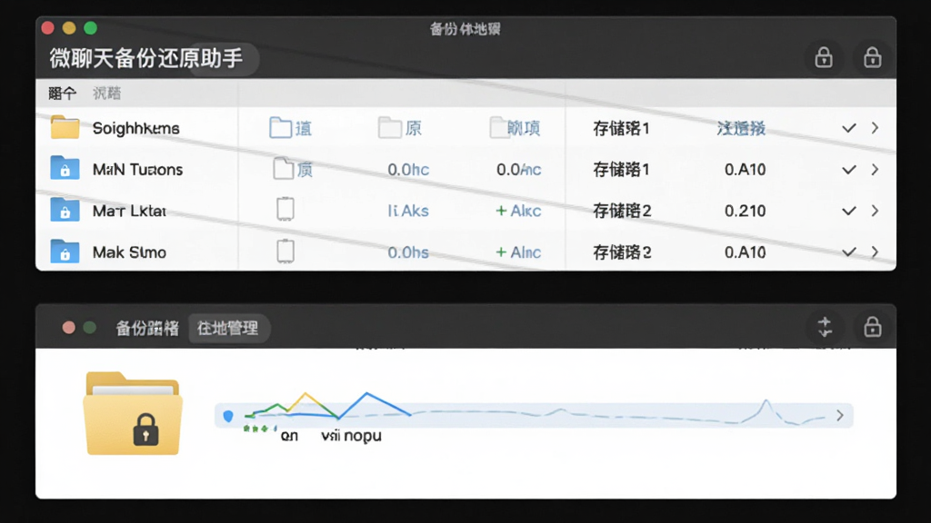 主体为微聊天备份还原助手备份文件管理界面与本地文件夹图标,布局为上下分层展示文件列表与存储路径,排版规整有序,风格为简约商务风,细节包含文件夹标签与锁形安全图标,画质清晰干净无多余元素