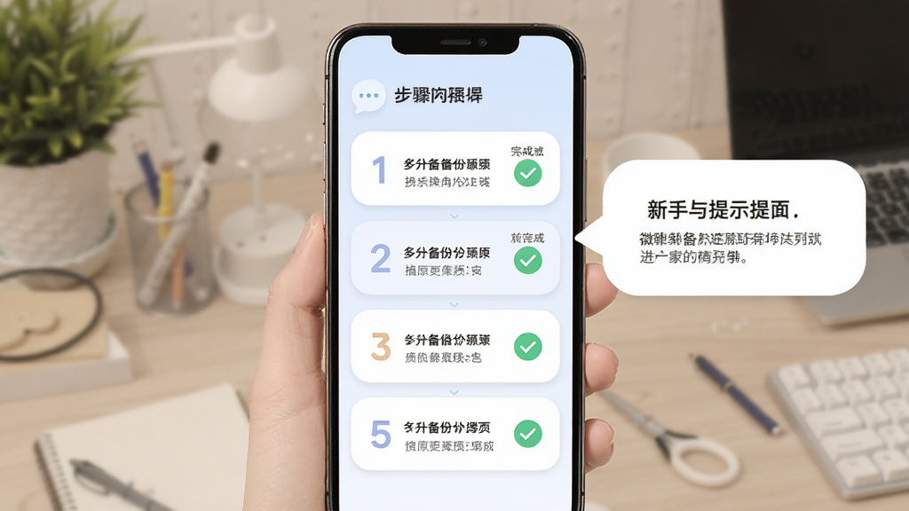 主体为微聊天备份还原助手操作引导页面与新手提示气泡,布局为手机屏幕居中展示步骤指示条,排版清晰分层,风格为柔和圆角卡片式设计,细节包含数字序号与勾选完成标记,画质干净高清无多余元素