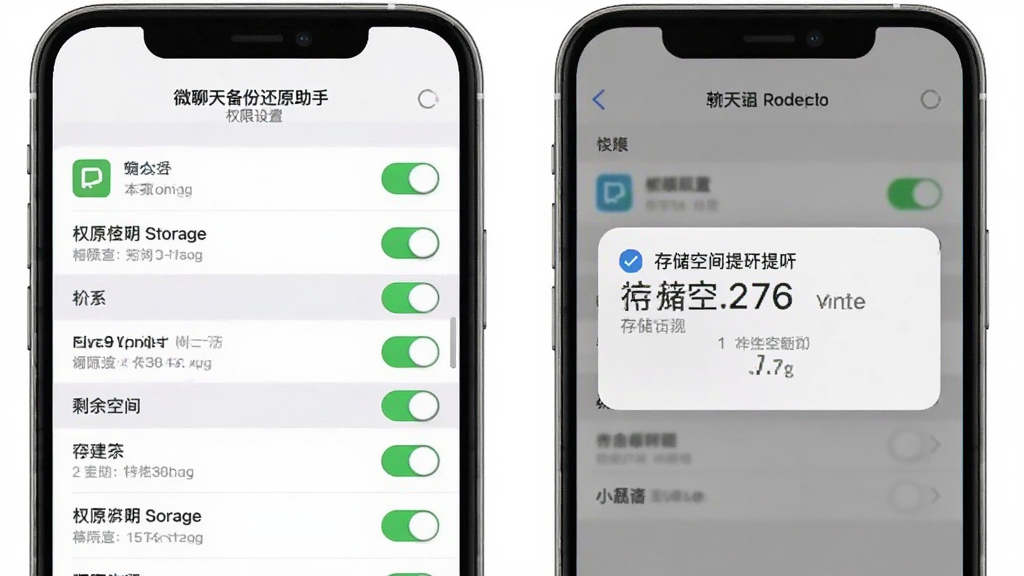 主体为微聊天备份还原助手权限设置界面与存储空间提示弹窗,布局为手机屏幕展示权限开关列表,排版纵向排列清晰,风格为浅灰质感系统设置风,细节包含存储权限图标与剩余空间数值,画质干净高清无多余元素