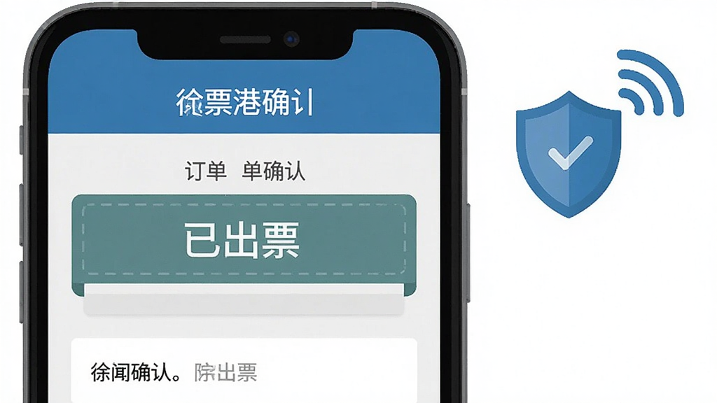 一张展示徐闻港购票平台手机端操作提示的示意图,画面为手机屏幕特写,屏幕上显示订单确认页面与“已出票”状态标识,旁边配有盾牌图标与网络信号图标,风格简洁扁平,蓝灰配色,排版规整,细节清晰,画质干净高清