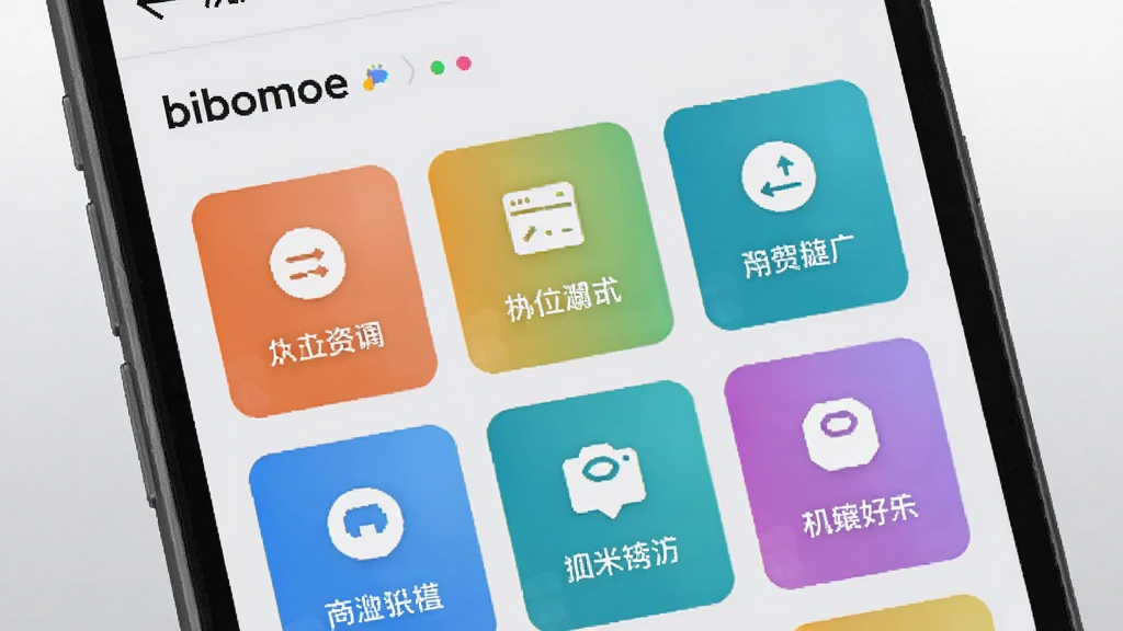 bibomoe软件功能界面展示图,画面为一部手机屏幕特写,屏幕中呈现bibomoe的资源分类聚合页面,多个彩色功能模块整齐排列,配有简洁图标与文字标签,背景为浅灰渐变,整体风格清新科技感,画质干净清晰,无多余元素