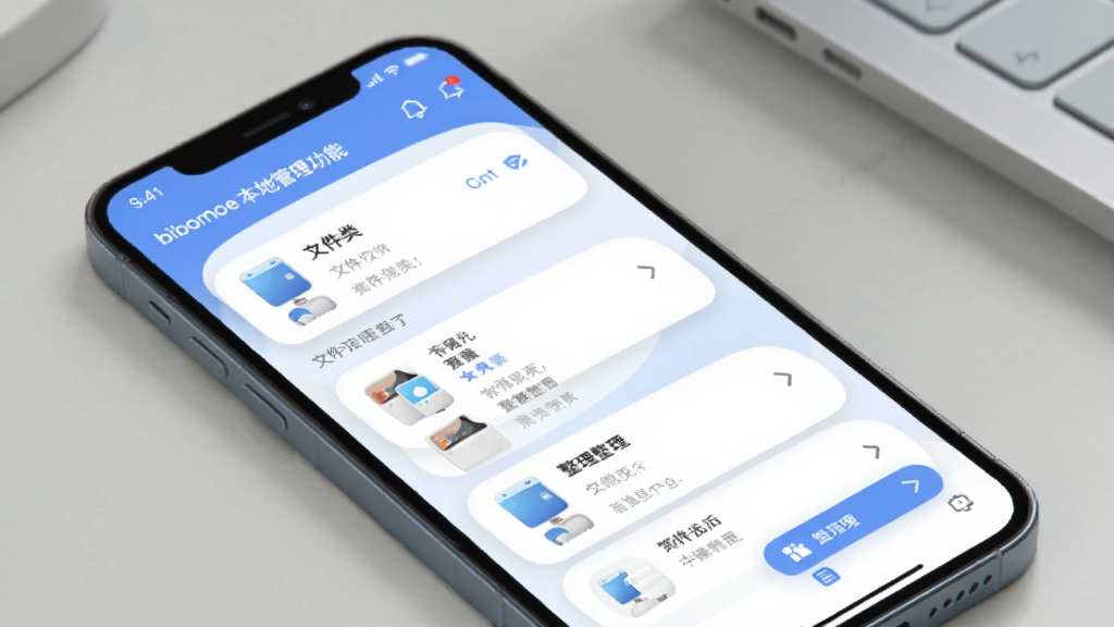 bibomoe本地管理功能示意图,画面展示手机界面中的文件归类列表与整理选项,采用柔和圆角卡片式布局,配色为蓝白相间,风格简约现代,细节丰富,画质干净,无多余元素