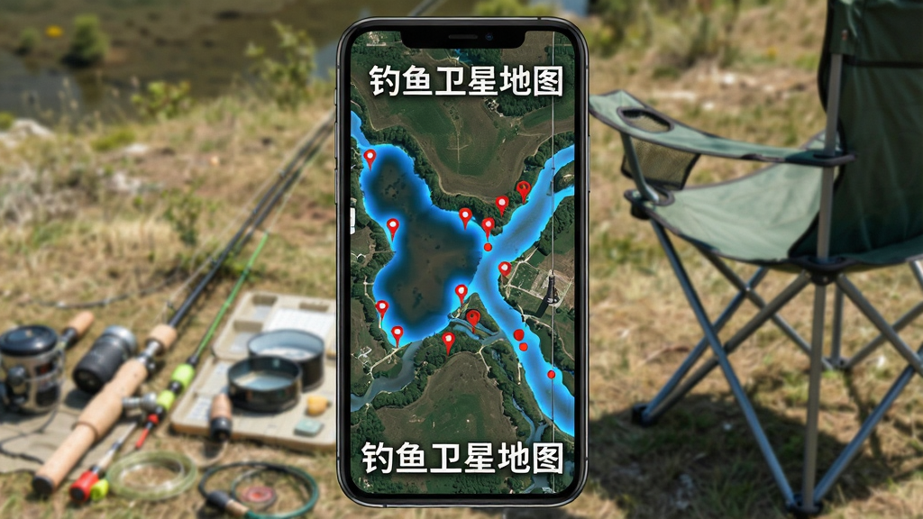 一幅高清卫星地图覆盖在手机屏幕上,屏幕中央显示湖泊与河流交汇处,地图上有红色钓点标记与蓝色水域高亮,手机旁摆放渔具与折叠椅,户外自然光线,写实风格,画质清晰,画面干净,无多余元素,图片中显示文字“钓鱼卫星地图”