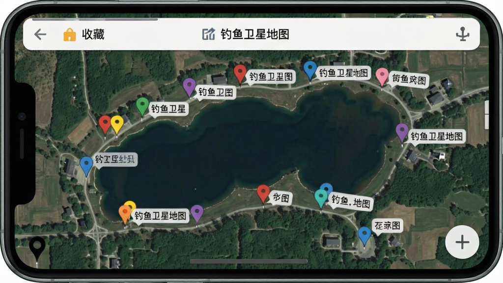 卫星地图界面中多个彩色标记点分布在湖岸周围,每个标记旁有小标签,手机屏幕上方显示收藏列表入口,整体布局清晰,写实风格,画质干净,图片中显示文字“钓鱼卫星地图”