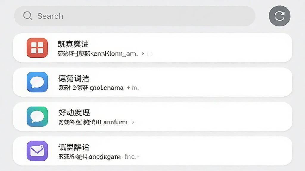 一张手机应用界面展示图,画面中是一个纵向排列的应用列表,每行包含应用图标、应用名称和包名字段,列表顶部有搜索栏和刷新按钮,背景为浅灰色,列表卡片为白色圆角矩形,整体风格简约现代,画质清晰,干净无多余元素