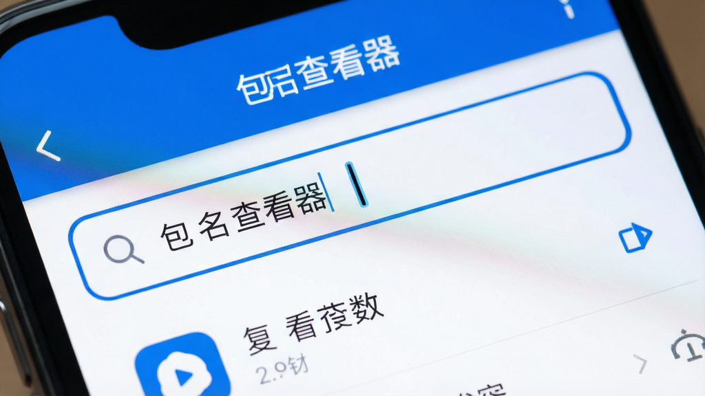 一张手机屏幕特写图,画面聚焦于搜索框区域,搜索框内有光标闪烁,下方列表实时显示过滤后的应用条目,搜索框上方有“包名查看器”字样的标题,界面风格清爽,配色以蓝白为主,画质清晰,无多余装饰元素