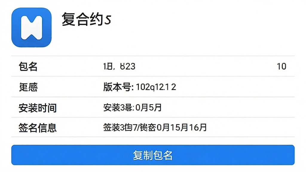 一张手机应用详情页面展示图,页面顶部展示应用图标和名称,下方以表格形式列出包名、版本号、安装时间、签名信息等字段,每个字段左侧为标签、右侧为具体数值,页面底部有“复制包名”按钮,整体风格素雅,白底黑字配蓝色强调色,画质清晰,排版整齐