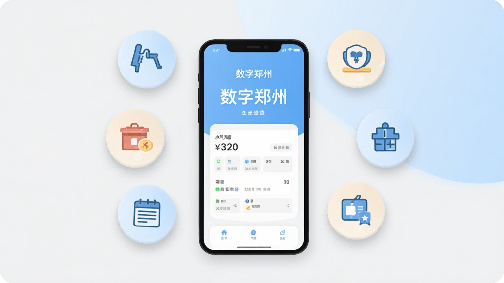 画面为一部手机与若干生活场景图标组合,手机屏幕显示