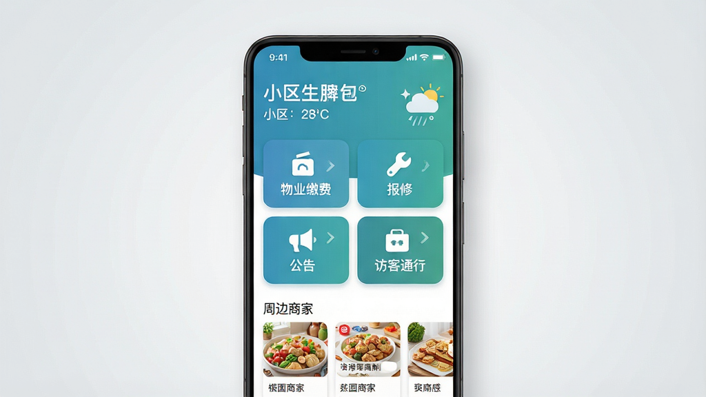 一张手机应用界面展示图,画面中央是一部竖屏安卓手机,屏幕内显示社区生活服务类APP首页,顶部为小区名称与天气信息,中部为物业缴费、报修、公告、访客通行四个功能卡片,下方为周边商家列表,整体采用蓝绿色调,界面干净整洁,背景为浅灰色渐变,风格为现代扁平化UI设计,细节包括圆角图标与柔和阴影,画质清晰,画面干净,无多余元素