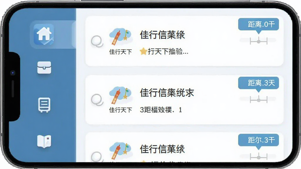 手机界面展示分类信息列表,左侧为图标分类栏,右侧为地点信息卡片,卡片上带有距离标注,整体采用浅色系扁平设计,构图左右分栏清晰,画质干净明亮,画面中出现“佳行天下”软件名称,无多余元素