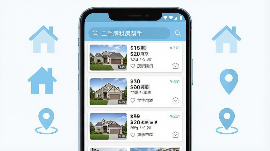 一张手机应用界面展示图,画面中央是一部竖屏安卓手机,手机屏幕上显示二手房租房帮手应用的房源列表页面,列表中有多张房屋缩略图、价格标签和区域信息,手机两侧有简洁的房屋图标和定位图标作为装饰,整体布局居中对称,风格为清爽的扁平化UI设计,配色以白色和浅蓝色为主,细节上突出房源卡片、价格文字和搜索栏,画质清晰干净,无多余元素