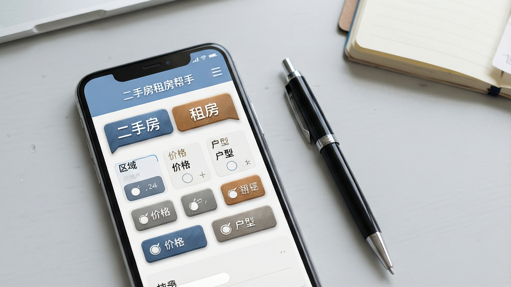 一张展示二手房租房帮手应用房源分类页面的场景图,画面主体为手机屏幕,屏幕上清晰呈现二手房与租房两个大分类标签,下方是区域、价格、户型等筛选条件按钮,背景为浅灰色工作台面,旁边放着一支笔和一个小本子,布局为手机居中偏左,右侧留白,风格为写实产品展示风,细节上突出分类标签和筛选按钮的质感,画质清晰干净,无多余元素