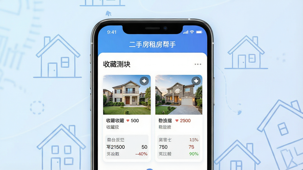 一张表现二手房租房帮手收藏对比功能的示意图,画面中央是手机屏幕,屏幕上显示收藏列表和两套房源并排对比的界面,屏幕上方有“二手房租房帮手”字样的应用标题栏,背景为淡蓝色渐变,布局为手机居中,四周有少量房屋轮廓线条装饰,风格为简洁科技感UI展示,细节上突出收藏图标与对比数据,画质清晰干净,无多余元素