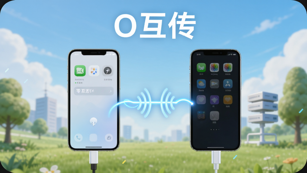 画面展示两部手机通过无线信号直接相连,中间用发光的连接线表示点对点直连,背景是户外场景,顶部写有“O互传”字样,风格为明亮科技感插画,细节突出无云朵、无服务器图标,强调零流量概念,画质清晰干净