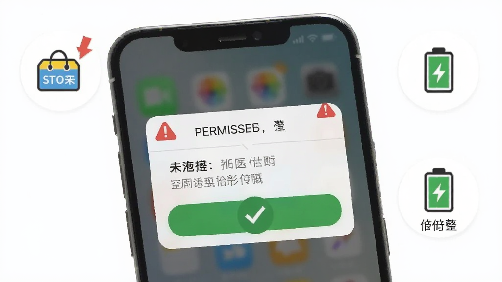 画面展示一部手机屏幕弹出权限设置对话框,旁边有存储空间图标与电池优化图标,布局为手机特写加图标环绕,风格为实用教程插画,细节包括红色警示标识与绿色对勾,画质清晰,背景干净简洁