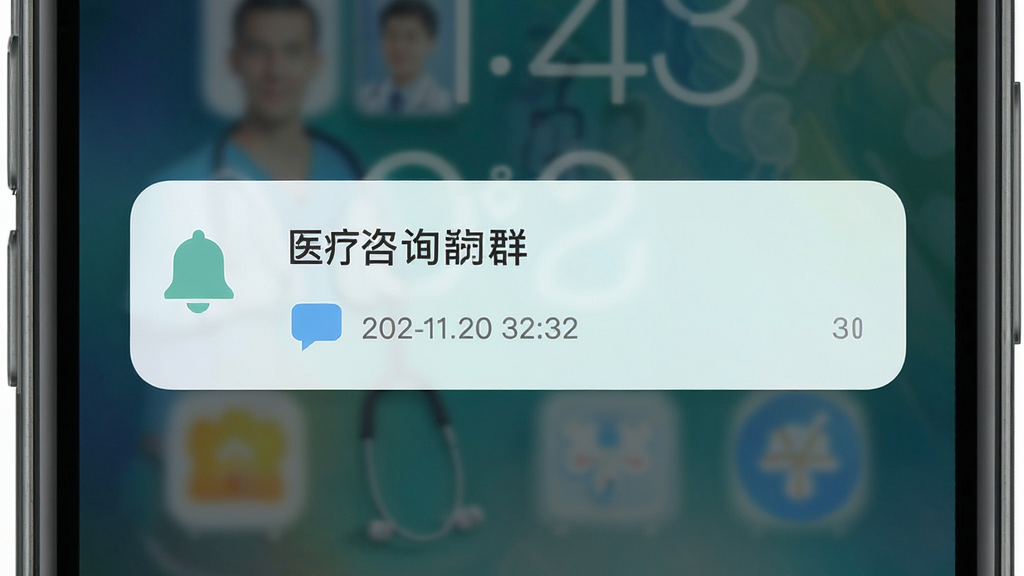 医群医生消息通知界面展示,主体为手机锁屏弹出医疗咨询消息提醒,布局为居中显示通知卡片,风格为清爽扁平化设计,细节包含铃铛图标、对话气泡、时间戳,画质清晰干净,无多余元素