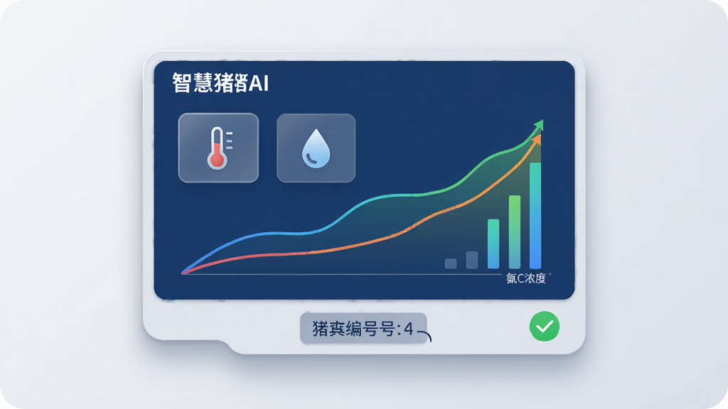 画面主体为一块悬浮的数据面板,面板上展示“智慧猪AI”猪舍环境监测界面,包含温度计图标、湿度水滴图标和氨气浓度条形图,三条彩色曲线呈上升趋势,面板下方有猪舍编号标签和绿色对勾提醒图标,布局为上下结构,面板居中,风格为简洁商务科技风,配色以深蓝和浅灰为主,细节上突出数据卡片边框和柔和投影,画质干净,无杂乱元素