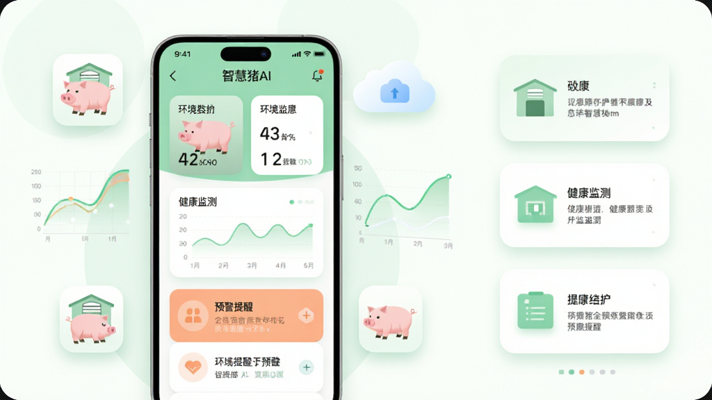 画面主体是一部智能手机,屏幕显示“智慧猪AI”应用主界面,界面上有猪舍环境数据卡片、健康监测图表和预警提醒列表,手机周围环绕着简约的猪舍图标、数据曲线和云朵元素,整体采用左右布局,手机居中偏左,右侧为功能模块示意,风格为清新扁平化科技风,配色以浅绿和白色为主,细节上突出圆角卡片和柔和阴影,画质清晰,背景干净,无多余装饰元素