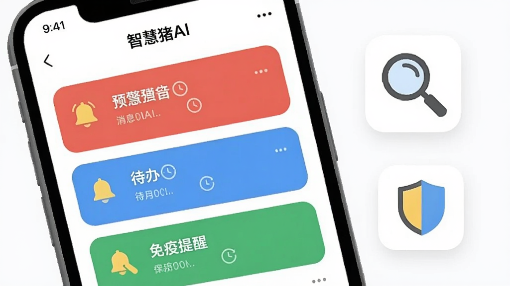 画面主体是一部手机屏幕特写,屏幕显示“智慧猪AI”消息中心页面,页面内有红色预警卡片、蓝色待办卡片和绿色免疫提醒卡片,卡片上带有铃铛图标和时钟图标,手机右侧漂浮着放大镜和盾牌图标,布局为手机居左、图标居右,风格为清爽扁平风,配色以白色背景和彩色标签为主,细节上突出卡片圆角和图标线条,画质清晰,背景干净,无多余元素