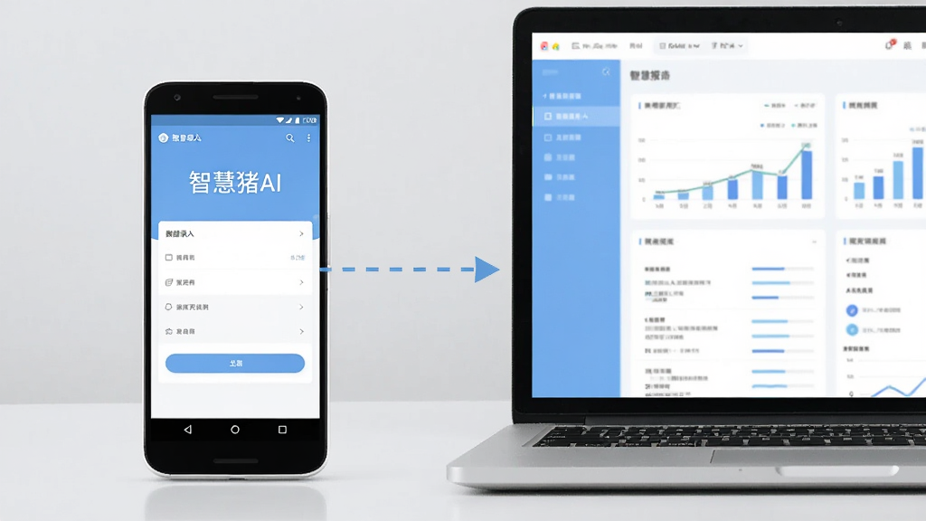 画面主体是一部安卓手机和一台笔记本电脑并排摆放,手机屏幕显示“智慧猪AI”数据录入界面,电脑屏幕显示统计报表页面,两者之间用虚线箭头连接表示数据同步,背景为浅灰色桌面,布局为左右并列,风格为简约办公风,配色以白色和浅蓝为主,细节上突出设备边框和界面元素,画质清晰,无多余装饰