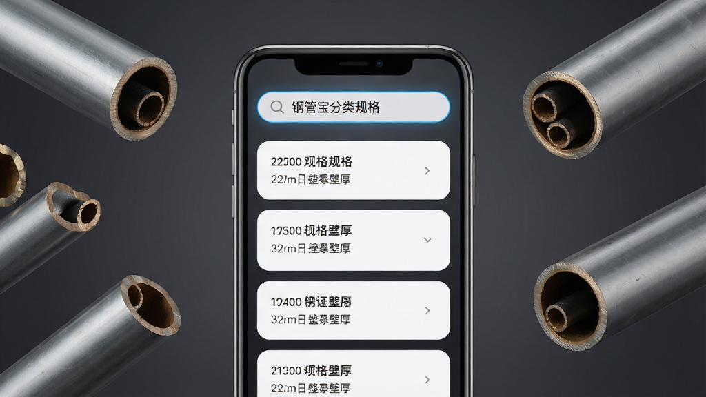 画面主体为手机特写,屏幕显示钢管宝分类检索界面,顶部搜索框内输入规格关键词,下方列表展示多条钢管规格条目,每条带有直径与壁厚标注。布局为手机居中,周围散落几根不同粗细的钢管实物作为点缀,形成虚实结合效果。风格为现代科技产品风,细节包括搜索框高亮、列表卡片圆角、钢管切面纹理清晰。画质清晰,光线均匀,背景为深灰色渐变,画面干净,无多余元素。