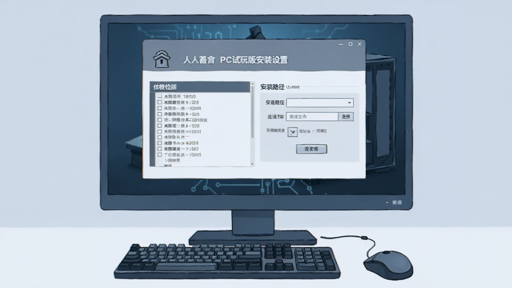 双人抬棺PC试玩版安装设置界面示意图,画面展示电脑屏幕上的游戏安装向导窗口,旁边放置键盘和鼠标,屏幕中显示依赖组件检测列表和安装路径选择框,整体风格为简洁的科技插画风格,色调以蓝灰为主,画面干净清晰无杂乱元素