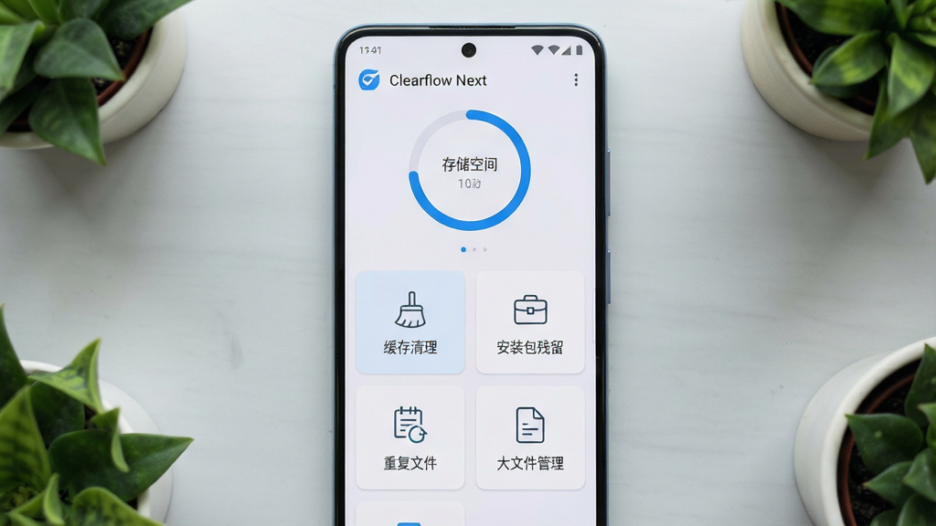 一张展示安卓手机屏幕的界面图,画面中央是名为“Clearflow Next”的文件清理应用主页面,页面采用浅色卡片式布局,顶部显示存储空间环形进度条,下方依次排列“缓存清理”“安装包残留”“重复文件”“大文件管理”四个功能入口,每个入口配有简洁的线性图标,手机放置在浅灰色桌面背景上,周围有少量绿植点缀,整体风格干净清爽,画质清晰,无多余元素