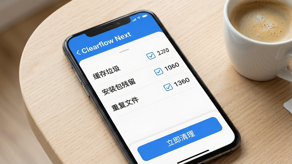 AI生成一张界面展示图,画面中是一部手机屏幕特写,屏幕上显示“Clearflow Next”的分类清理列表,列表项包括“缓存垃圾”“安装包残留”“重复文件”等,每项右侧有勾选框和大小数值,屏幕下方有一个醒目的“立即清理”按钮,背景为浅色木纹桌面,旁边放着一杯咖啡,风格生活化且干净,画质清晰