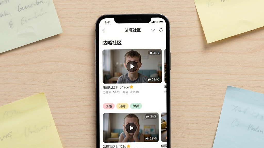 画面主体为“咕嘎社区”首页推荐信息流界面,手机屏幕上显示多张视频卡片与话题标签,卡片上带有播放量角标;布局为手机正面平放,背景为浅木色桌面,旁边散落几张便签纸;排版为居中构图;风格为生活化数码场景;细节上卡片阴影自然、标签颜色柔和、界面层级分明;画质清晰、画面干净、无多余元素
