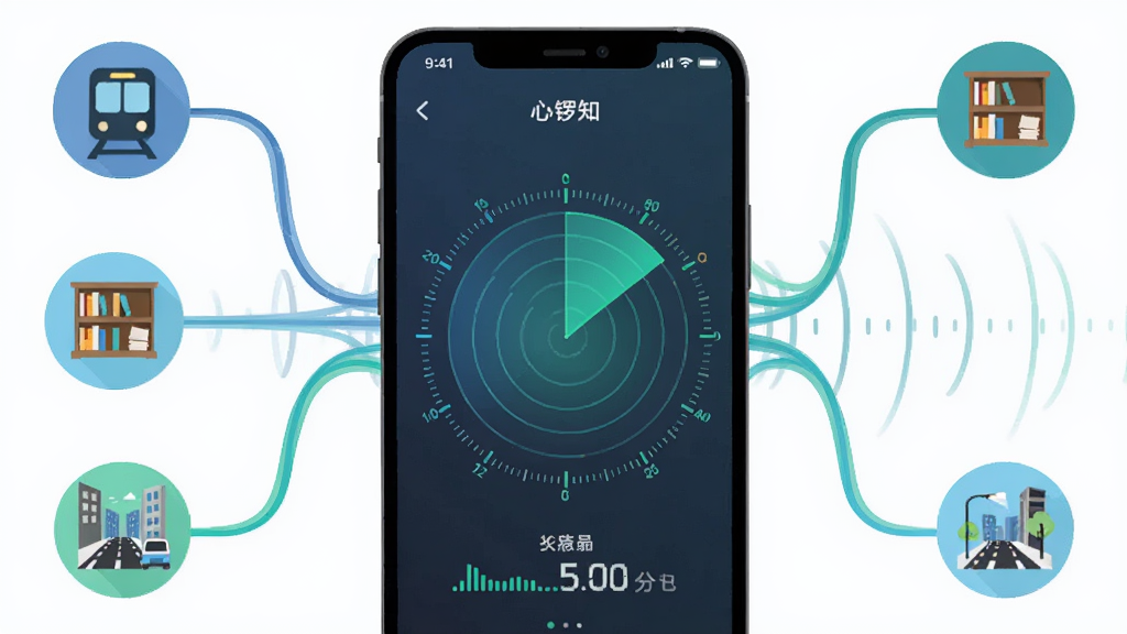 画面主体为“心锣”应用的环境声感知界面,手机屏幕显示环形声波雷达图与分贝数值,屏幕外延伸出多条彩色声波线条连接不同场景图标(地铁、图书馆、街道),布局上手机居中、场景图标环绕四周,风格为扁平化科技插画,细节上雷达图刻度清晰、线条流畅、配色以蓝绿为主,画质干净清晰,无多余元素