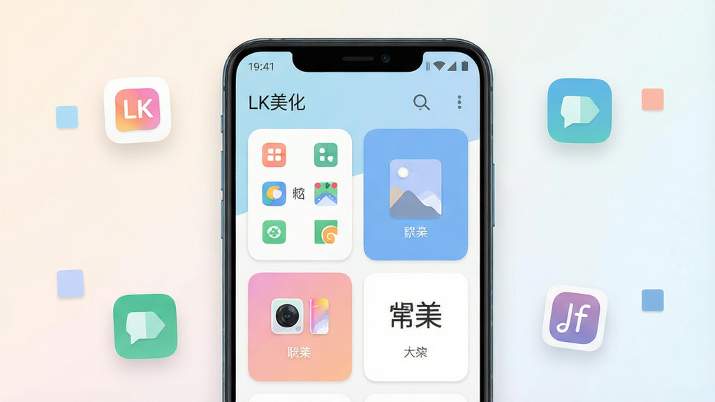 主体是一部居中放置的安卓智能手机,屏幕显示简洁的主题美化工具界面,包含图标包、壁纸、字体等分类卡片;布局为手机正面平铺,背景为浅色渐变;排版上手机占据画面中央,周围有少量悬浮的图标与色块点缀;风格为清爽扁平化UI展示风;细节上屏幕内文字清晰显示“LK美化”字样,图标排列整齐,色彩柔和;画质高清,画面干净,无多余元素