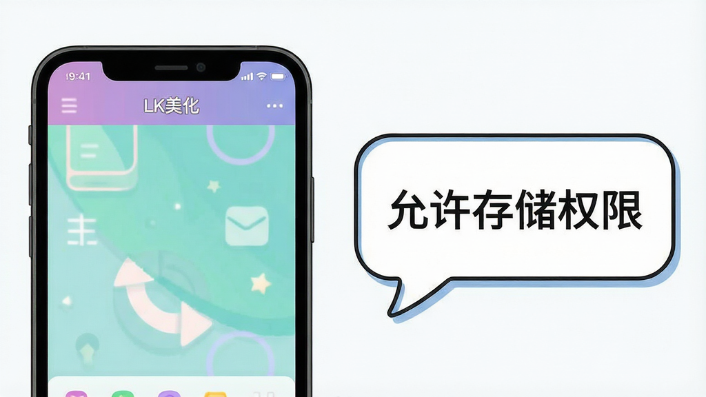 主体是一部手机屏幕显示LK美化应用界面,旁边放置一个提示气泡框,框内写有“允许存储权限”字样;布局为手机与气泡左右呼应;排版上手机居左,气泡居右;风格为教程示意插画风;细节上气泡边框为圆角,手机屏幕内可见“LK美化”标题栏,背景简洁;画质清晰,画面干净,无多余元素