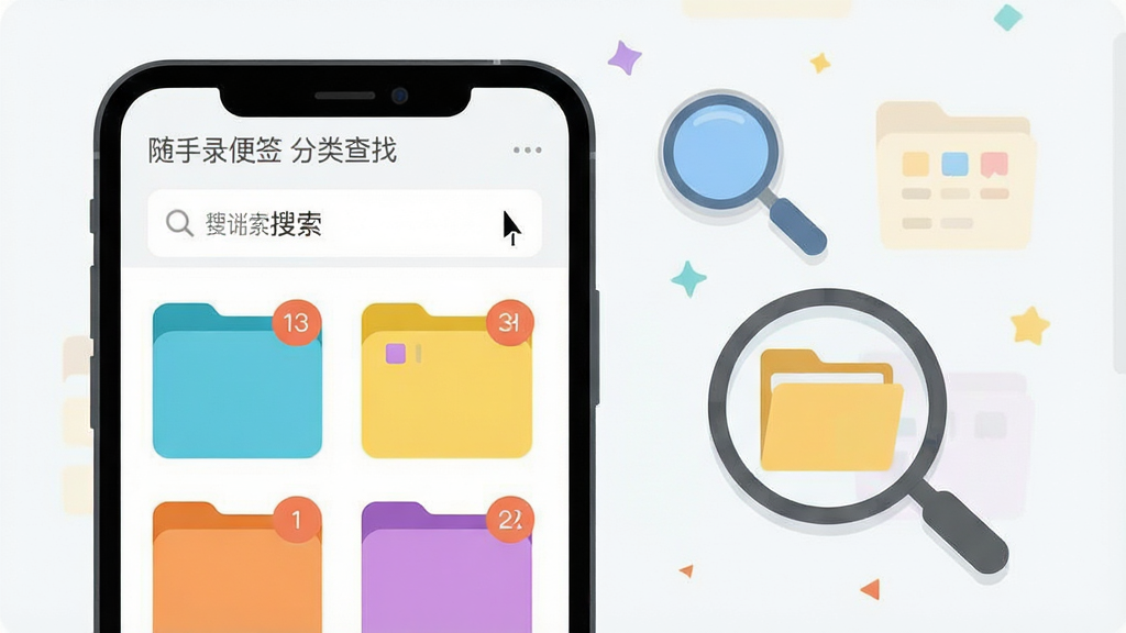 画面主体是一个手机界面展示便签分类文件夹与搜索框,文件夹标签用不同颜色区分;布局为手机屏幕正面展示,旁边漂浮放大镜与文件夹图标;排版清晰分层;风格为扁平化信息图风格;细节上搜索框有光标闪烁效果,文件夹带有数量角标;画质干净整洁,无多余元素,图片中文字为“随手录便签 分类查找”。