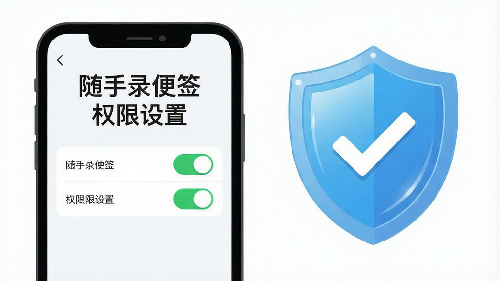 画面主体是一部手机屏幕显示权限设置页面,旁边有一个带对勾的盾牌图标;布局为手机在左、盾牌在右;排版简洁;风格为扁平化安全提示插画;细节上权限开关为绿色开启状态,盾牌带有光泽;画质干净清晰,无多余元素,图片中文字为“随手录便签 权限设置”。