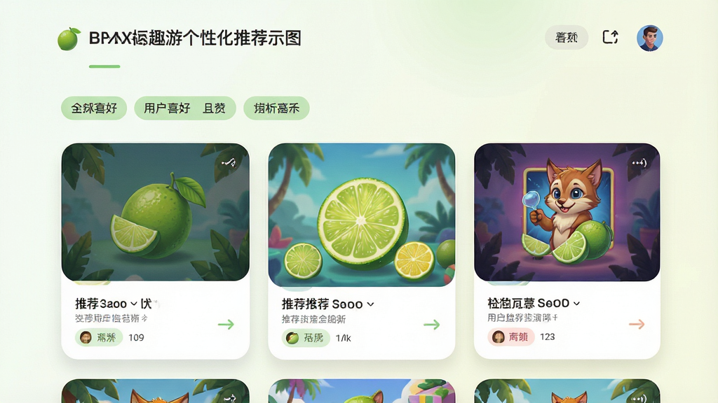 一张青柠趣游个性化推荐页面示意图,画面中展示推荐游戏卡片与用户喜好标签,界面以卡片式布局呈现,配色柔和,风格现代简洁,细节丰富,画质干净高清,无多余元素